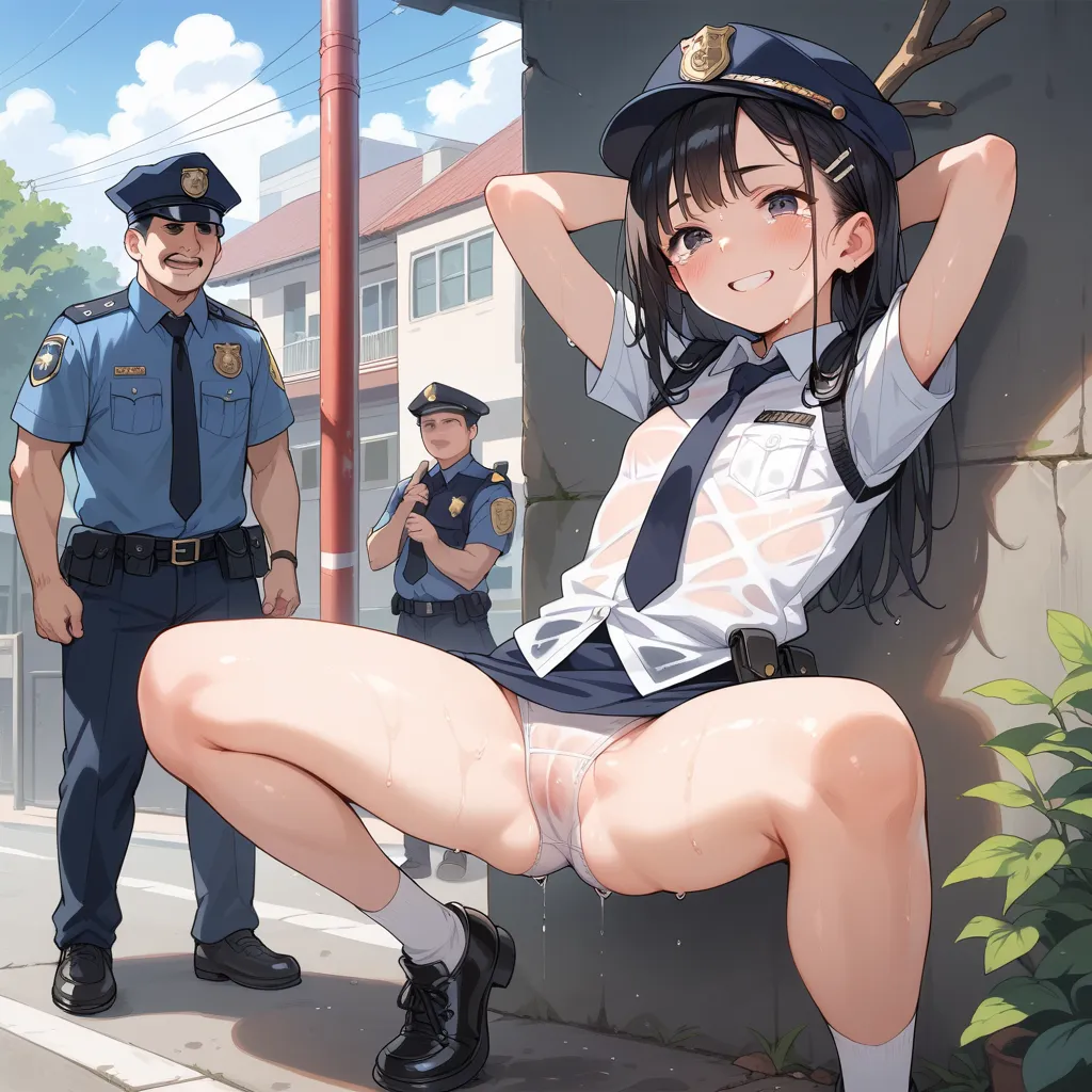 (very small breasts:1.3) ,( spread your legs and bend your knees:1.2),standing,Stick your hips out,fold your hands behind your head,Police Officer,wet and sticky clothes ,Shame,crying,smile,very small breasts,masterpiece, Highest quality, black hair,Outdoo...