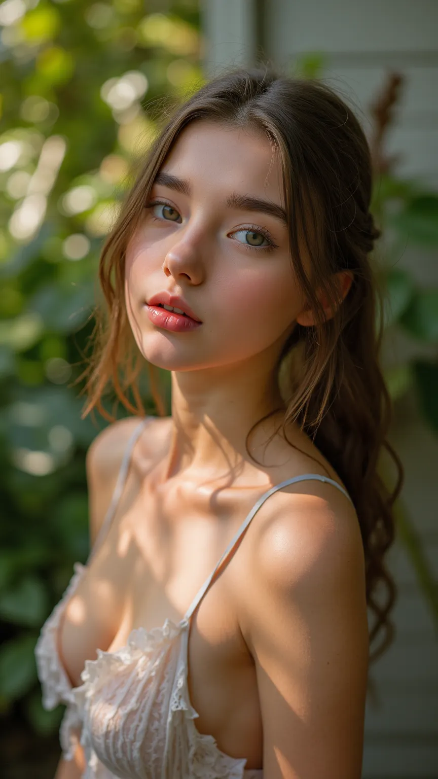 alluring depiction of a pretty 22-year-old college girl, psjwlflux, focus on callorbones, shoulders, wet lips, beautiful, high quality, masterpiece, photorealistic, studio lighting, detailed facial features, serene expression, enchanting posture, lush envi...