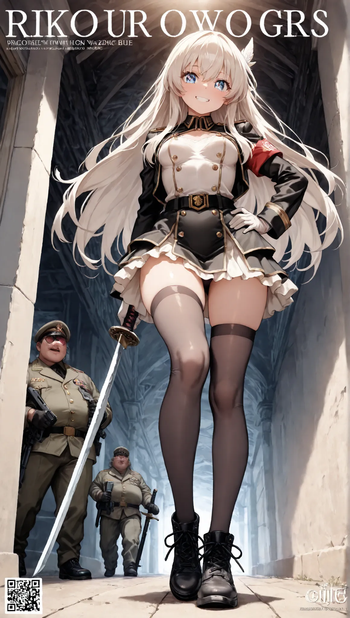 (from below:1.2, Highest quality ),  girls on the left ,  platinum blond color hair military uniform  , The dreamer wants purplish blue eye ,(small breasts:1.0),  Lori Does It , (masterpiece:1.2, Highest quality ), (Beautiful  exhaustive depictiOn : 1.2), ...