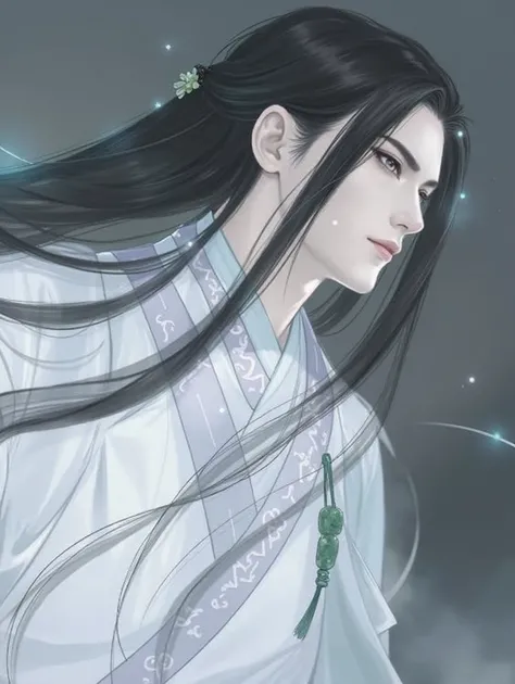 The image depicts a strikingly handsome young man with a serene yet intense aura. His long, flowing black hair cascades down his back and shoulders, with a few loose strands dancing in the air, giving a sense of motion. A delicate green hair ornament, poss...