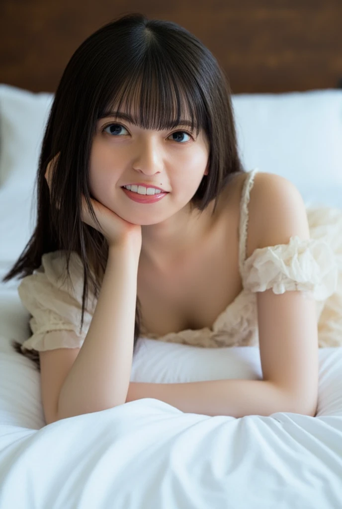 1 girl, Hi-Res, 最high quality, high detail, high definition model, high quality, Ultra High Definition, textured skin, very detailed,  black hair, chest, smiles, Portrait Photography, upper body、Japanese Female、on the bed、maid outfit、 is smirking、actress、