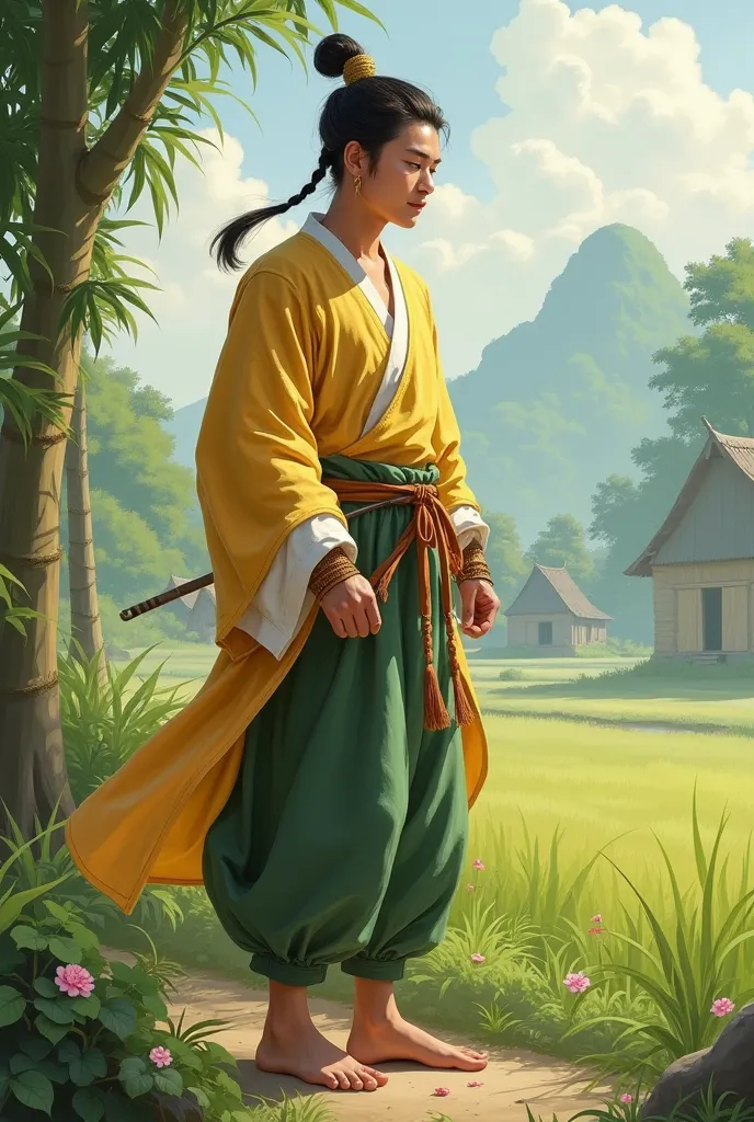 Shaping the Chinese Natra,  Gender :Male, approx. 18-25 years old;  Style :casual , phù hợp với cuộc sống thường nhật ở Việt Male năm 1077;  outfit : Standing trouser, green, yellow or white, rough fabric material; trousers: trousers dài màu đen hoặc nâu đ...