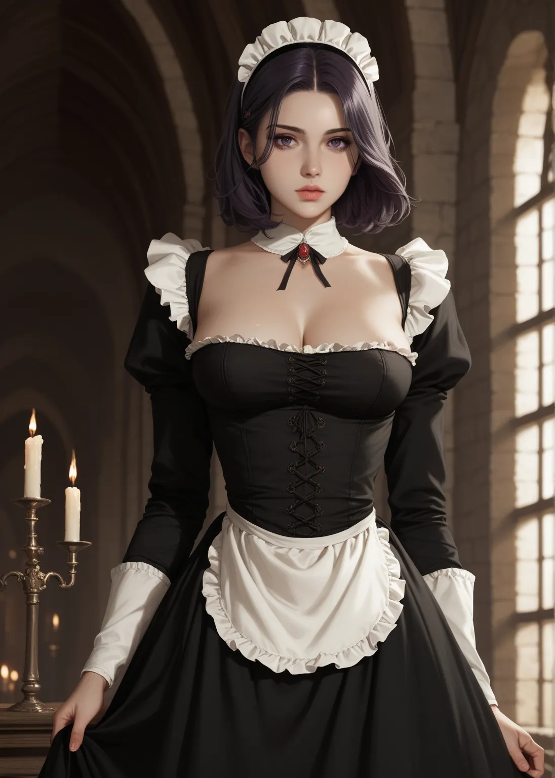 Medieval maid,  Seductive look, black hair, big boobs