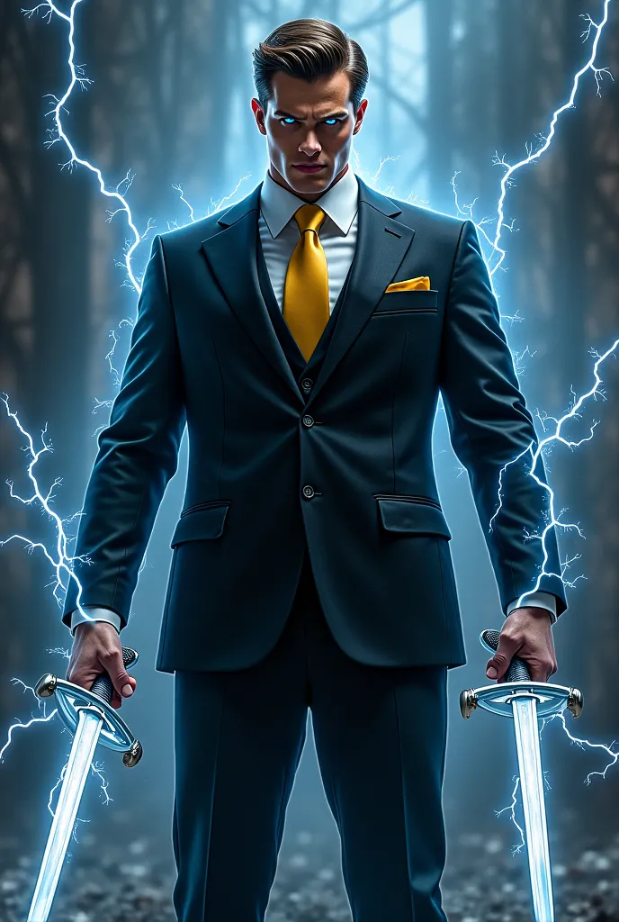 Tall and strong handsome man with brown hair in a black suit wearing a white shirt with a yellow tie with two swords wrapped in black lightning combat posture with glowing blue eyes