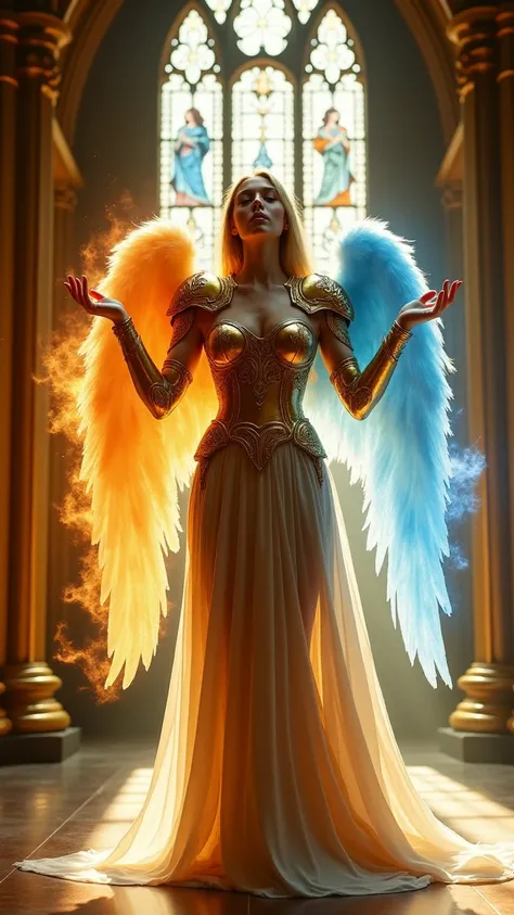 A powerful and sensual angel magician in an illuminated gothic cathedral setting. She wears detailed golden armor that highlights her large and defined breasts, leaving her belly toned to show. Her dress is fluid and flowing, with slits and sensual details...