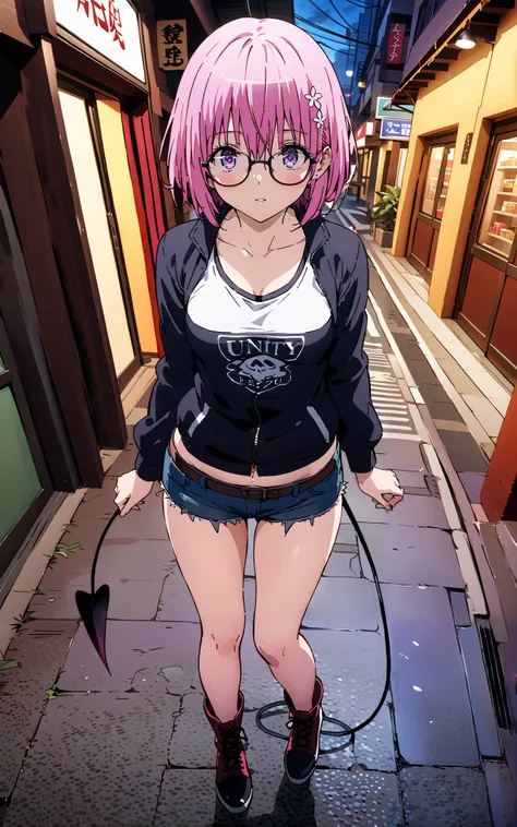 モモデbuildingケ, モモ・デbuildingーク, demon Tail,  Hair Flower, hair ornaments close to the garden, purple eyes, pink hair,  short hair, Medium breast,胸の谷間,Tail,riders jacket,tank top outside of anime,Underbomb,belly button sticking,Bare legs,denim micro shorts,gl...