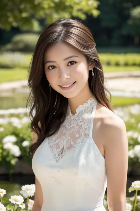 (8k, RAW photo, photorealistic, HQ, masterpiece, Brightly exposed photo), (Very elegant and beautiful, Perfect detail, Super detailed), a cute Japanese woman, (glowing eyes), 
(shy smile), dark brown hair,  (elegant white lace tight maxi dress, halter neck...