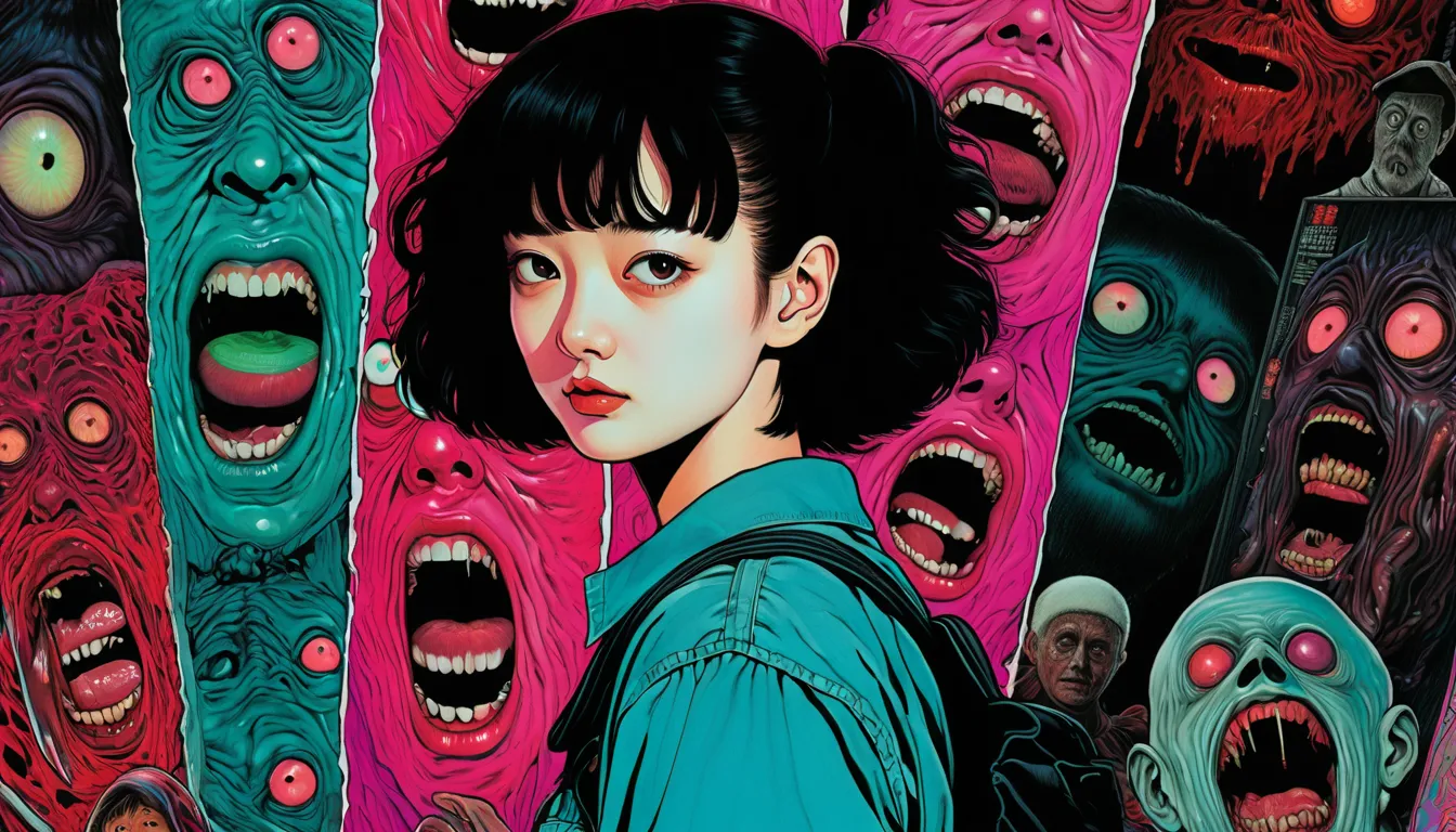 An illustration、art、80s horror movie posters, Supervised by Junji Ito、High detail, Realistic shadows、Analog Style, chromatic aberration, Surrealism、