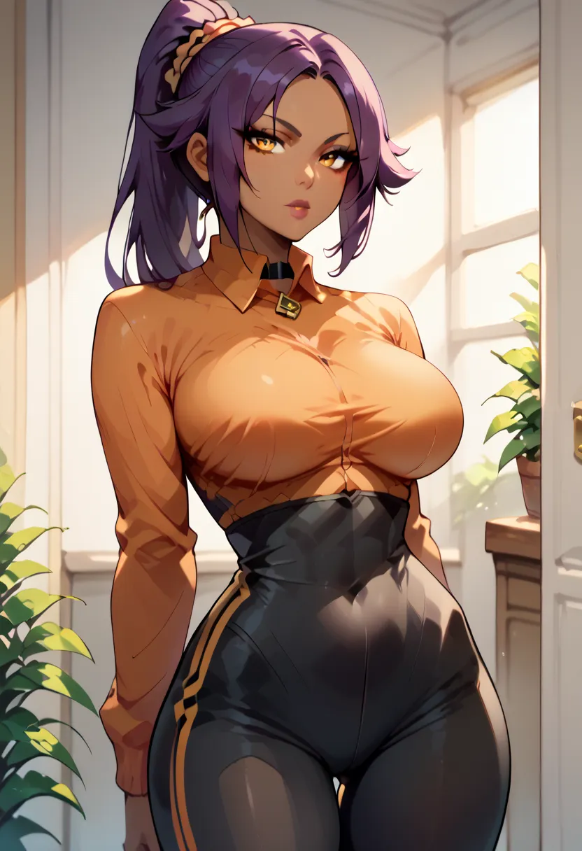  yoruichi shihouin, long hair, yellow eyes, ponytail, purple hair, dark skin, black bodysuit, bodysuit under clothes, orange shirt, long sleeves, large breasts , solo
