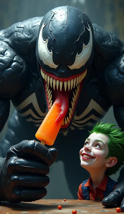 realistic-style Venom holding a popsicle, about to take a bite, unaware that it's insanely spicy, with the Joker’s son laughing nearby.