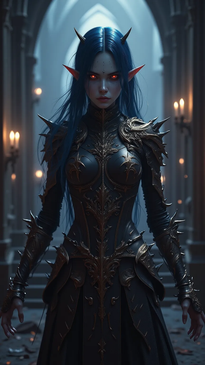 standing in a large hall in a gorgeous gothic castle、A furious and threatening Japanese girl。have blue-black skin and long blue hair、sharp elf ears。wearing a black armour with intricate gold decorations and、sharp thorns sticking out of the shoulders and ar...