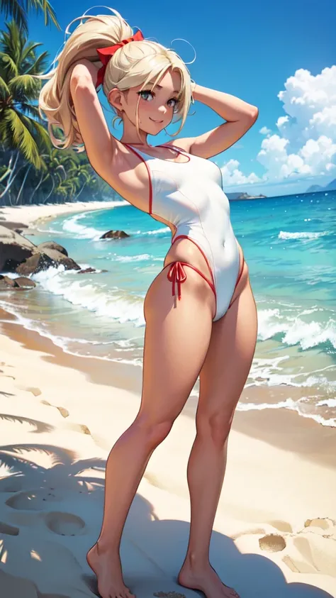 A smiling face, , realistic, ( barefoot on a sunlit beach, facing the ocean. The warm sand and gentle waves are visible at her feet. The sun is shining brightly, casting a golden hue on her skin. She’s wearing a breezy, light-colored sky blue swimsuit, her...