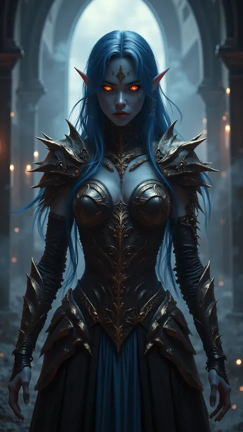 standing in a large hall in a gorgeous gothic castle、A furious and threatening Japanese girl。have blue-black skin and long blue hair、sharp elf ears。wearing a black armour with intricate gold decorations and、sharp thorns sticking out of the shoulders and ar...