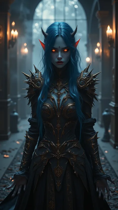 standing in a large hall in a gorgeous gothic castle、A furious and threatening Japanese girl。have blue-black skin and long blue hair、sharp elf ears。wearing a black armour with intricate gold decorations and、sharp thorns sticking out of the shoulders and ar...