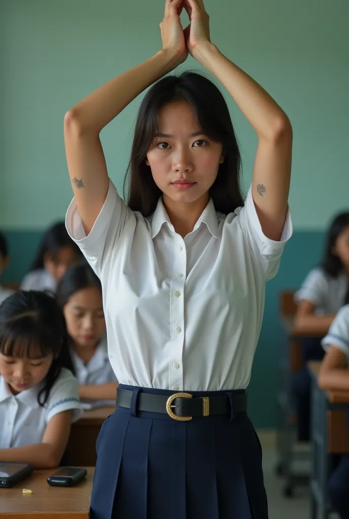  Thai female student, . end wearing a school uniform, .Thai end( a narrow skirt, a shirt tucked into the skirt, a belt ) was punished by having to put her hands together above her head and sit up for being late.

