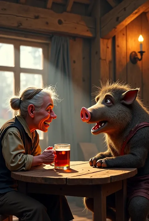 A tavern  ,A drunken old woman  , vêtements en lambeaux ,  torn, , Funny Pixar humor full body talking with a disheveled little wild boar 