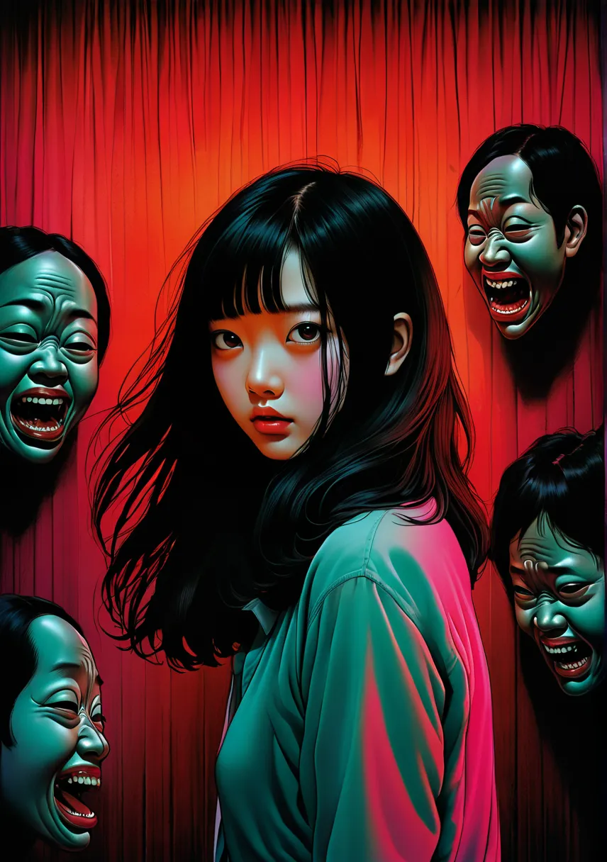 An illustration、art、80s Thai horror movie poster, fear、girl、Supervised by Junji Ito、High detail, Realistic Shadows、Analog Style, Surrealism、Gradation