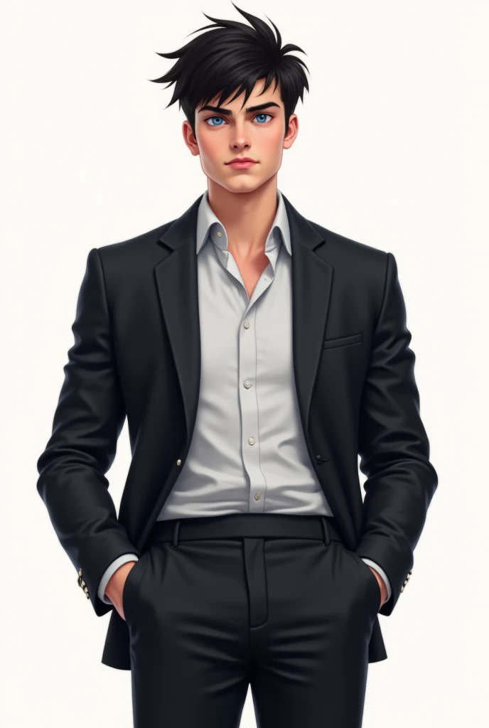 Create a semi-realistic illustration of a young, handsome man around 30 years old, standing gracefully in a confident pose. He has an unreadable expression on his face, which leans towards a grumpy look, as he gazes intently at someone out of frame. His ha...