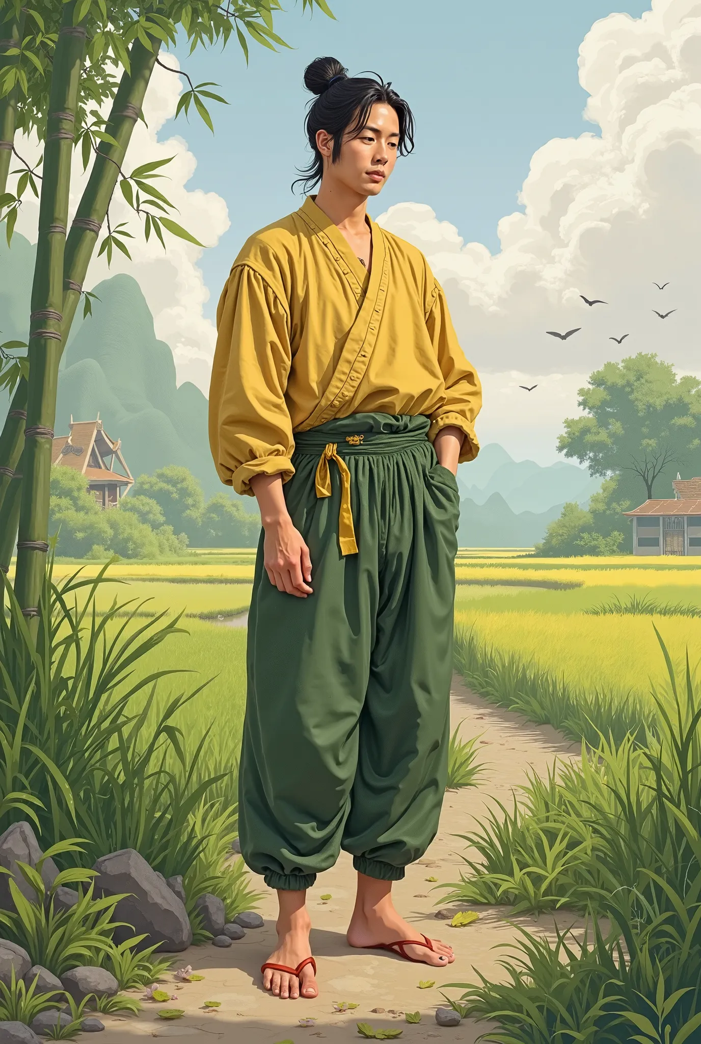 Shaping the Chinese Natra,  Gender :Male, approx. 18-25 years old;  Style :casual , phù hợp với cuộc sống thường nhật ở Việt Male năm 1077;  outfit : Standing trouser, green,  Yellow or white , rough fabric material; trousers: trousers dài màu đen hoặc nâu...