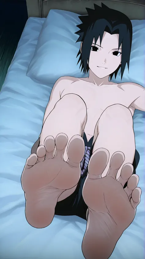 score_9, score_8_up, source_anime,
1boy, Sasuke Uchiha, black hair, longer spiky hair, dark eyes, night, in his bedroom, shirtless, black shorts, laying on the bed, lifting legs to show his soles, from above, flirty gaze, flirty smile, alone, looking at vi...