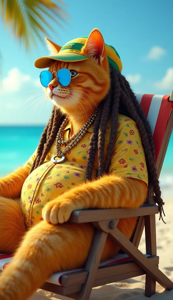 A huge and bloated anthropomorphic cat, yellow with very long Rastafarian braided hair, a Jamaican cap, tropical flowered shirt, wearing blue Rayban aviator glasses. Sitting on a beach chair looking at the sea on a sunny day, the scene is the cat from the ...