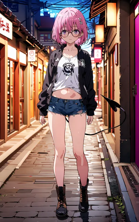 モモデbuildingケ, モモ・デbuildingーク, demon Tail,  Hair Flower, hair ornaments close to the garden, purple eyes, pink hair,  short hair, Medium breast,胸の谷間,Tail,riders jacket,tank top outside of anime,Underbomb,belly button sticking,Bare legs,denim micro shorts,gl...