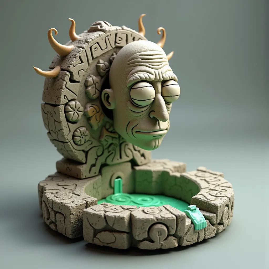  Design an ashtray in the style of  *Rick and Morty*, where the entire design is a surreal, has an eccentric look. Rick's head is carved out of stone, but with a distorted, surreal twist: his face is stretched, his eyes are uneven and his mouth seems to me...