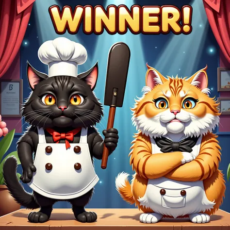 noon, 1 fluffy black cat , black cats walk on two legs ,Black cats are cute ,the black cat is wearing a cook hat,realistic, black cats are plump ,The black cat is wearing an apron,Eyes are ochre ,The background is the podium