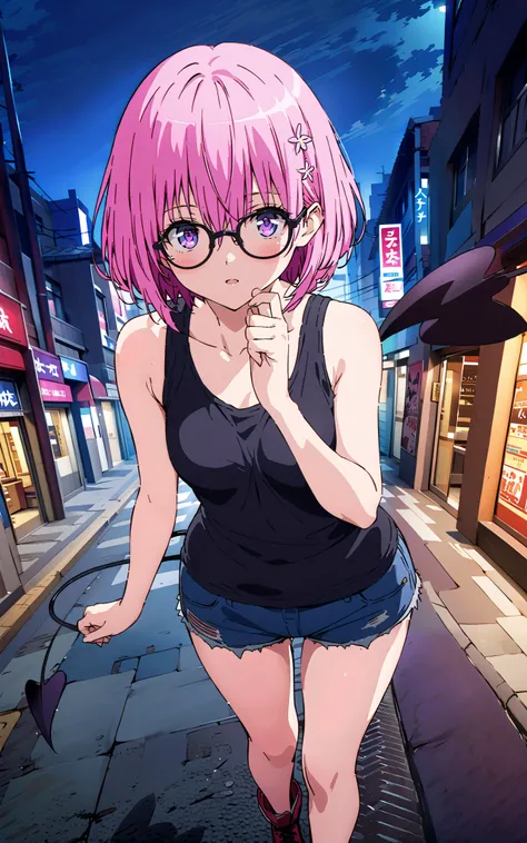 モモデbuildingケ, モモ・デbuildingーク, demon Tail,  Hair Flower, hair ornaments close to the garden, purple eyes, pink hair,  short hair, Medium breast,胸の谷間,Tail,riders jacket,tank top outside of anime,Underbomb,belly button sticking,Bare legs,denim micro shorts,gl...