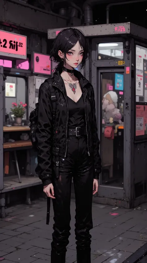 A cool girl，High Value 1.5，Fine Tailor 1.5，Sexy Lip Edge 1.0，full body shot，High realism， High detail， HD ，8K quality，Sharp eyes，looking_up , Dark Hair，short ponytail，type vest，Fit Black Leather Jacket，black leather pants，Black Backpack ， black leather boo...