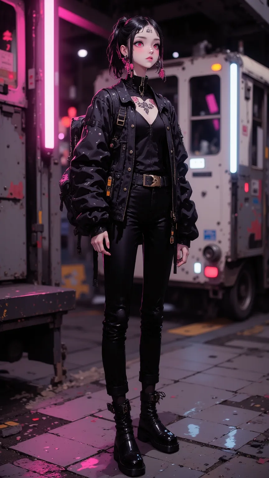 A cool girl，High Value 1.5，Fine Tailor 1.5，Sexy Lip Edge 1.0，full body shot，High realism， High detail， HD ，8K quality，Sharp eyes，looking_up , Dark Hair，short ponytail，type vest，Fit Black Leather Jacket，black leather pants，Black Backpack ， black leather boo...