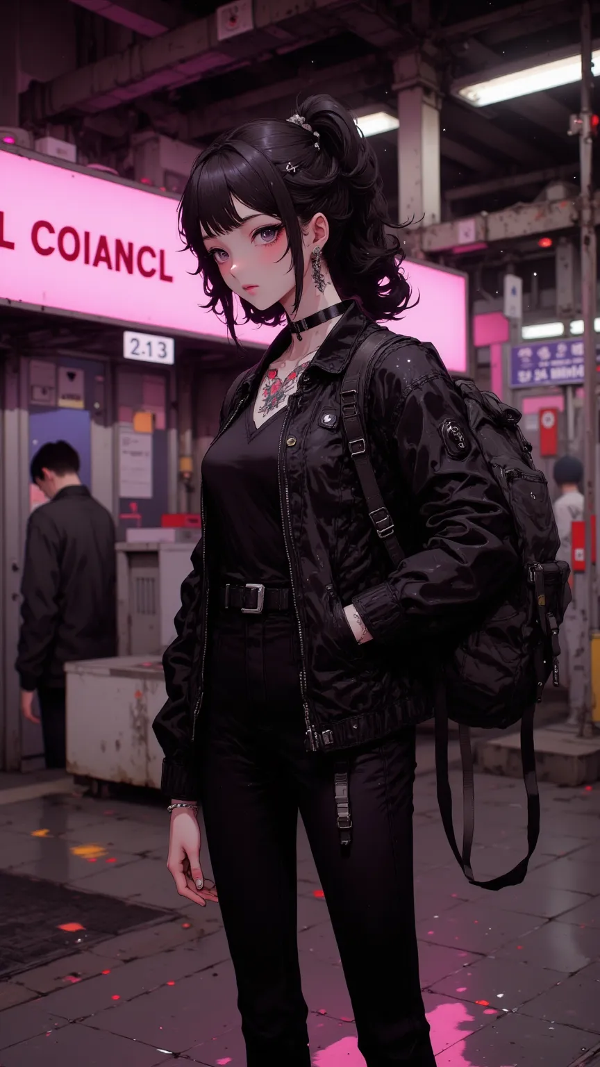 A cool girl，High Value 1.5，Fine Tailor 1.5，Sexy Lip Edge 1.0，full body shot，High realism， High detail， HD ，8K quality，Sharp eyes，looking_up , Dark Hair，short ponytail，type vest，Fit Black Leather Jacket，black leather pants，Black Backpack ， black leather boo...