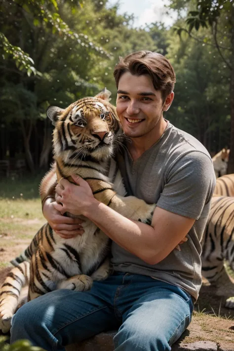 A 25-year-old man is sitting hugging a fierce tiger herd showing a cheerful facial expression they look familiar as if they have been friends for a long time background dense forest with bright sunshine rural atmosphere Adam Poto looks realistic high detai...