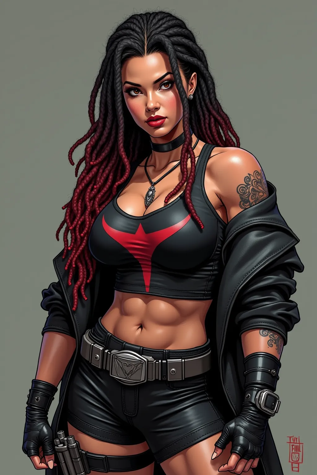 Inspired by Jim Lee marvel Comic style,  1 muscular female wrestler, Steel brown eyes strong sharply shaped eyebrows,  straight and defined nose,, full lips set in a firm determined line rugged chiseled cheekbones,  angular jawline.  Met black hair with de...