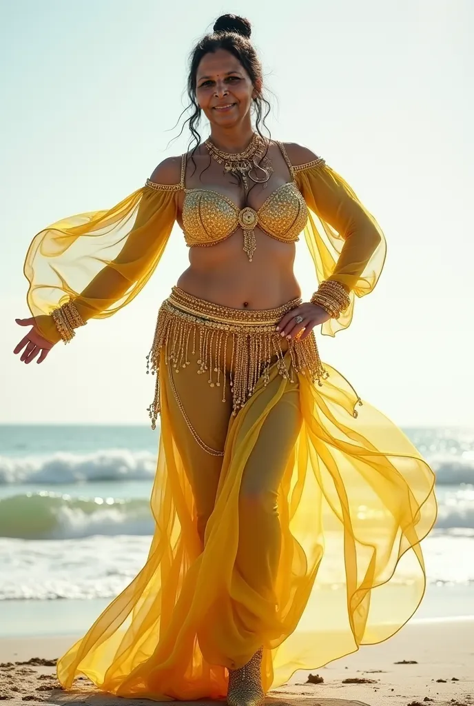 55aged belly dancer,whit skin tone, black and gray hair, back bun hair style, aged face and aged skin, she is showing her dark armpit by holding her hands together on bqck of head, she have bi g bouncing huge breast  and ass, she wearing a shiffon top stra...