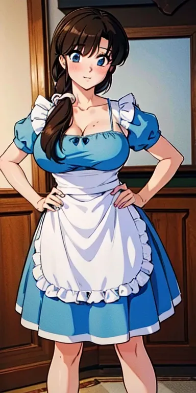  1 female,high definition,high resolution,  ultra-realistic  ,8K,Tense_Kasumi, apron_white_gathered ruffle, luz_blue_dress_KSM,  of foot, Alone , big breasts,, Masterpiece, t-shirt, detailed face, detailed eyes,  highres,  highres,European,sexy, photograph...