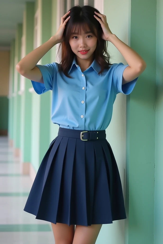 Thai Schoolgirl.Cute bright end of 18- old wearing breast school dress.Thai end(A narrow knee-length skirt, a blue shirt, a skirt, a belt.)is punished to put both hands to the head and get up.(Squat)Prosecution

