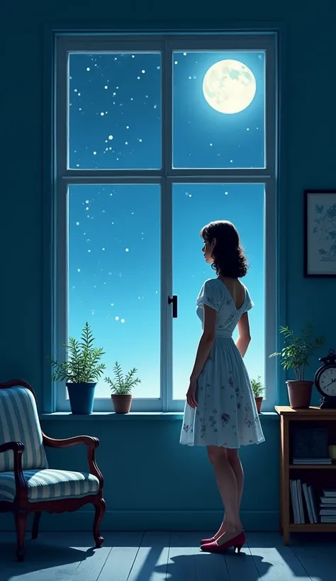 "A minimalist illustration of a vintage-inspired woman standing by an open window at night, looking out at the starry sky. The room is dimly lit by the cool glow of moonlight streaming through the window, creating soft, silvery highlights on the walls. She...