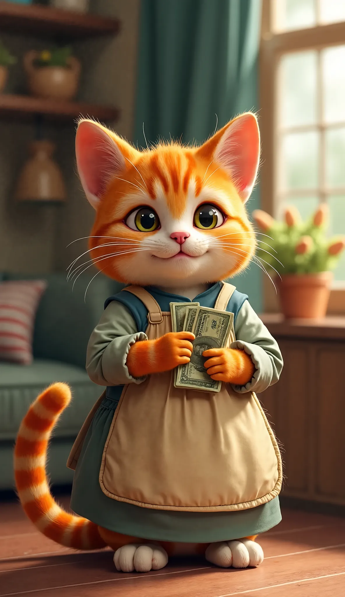 mother cat (dressed apron)  holds money  , inside the house