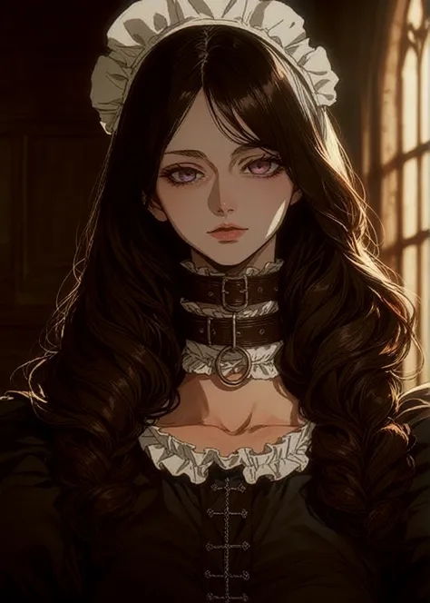 Medieval maid,  Seductive look, black hair, no cleavage, Closed collar, Yandere