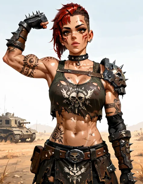 ((whole body)), master part, best quality , super detail beautiful woman, Tank Girl com cara de maluca, whole body, redhead Asymmetric Undercut Haircut hair, punk girl, post-apocalyptic world, torn and dirty clothes , Asymmetric Undercut Haircut, sides of ...