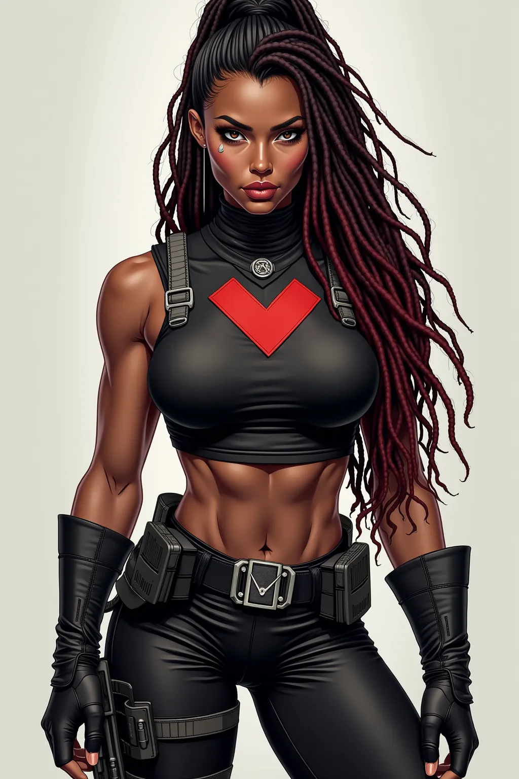 Inspired by Jim Lee marvel Comic style,  1 muscular, dark complexion female wrestler, Steel brown eyes strong sharply shaped eyebrows,  straight and defined nose,, full lips set in a firm determined line rugged chiseled cheekbones,  angular jawline.  Met b...