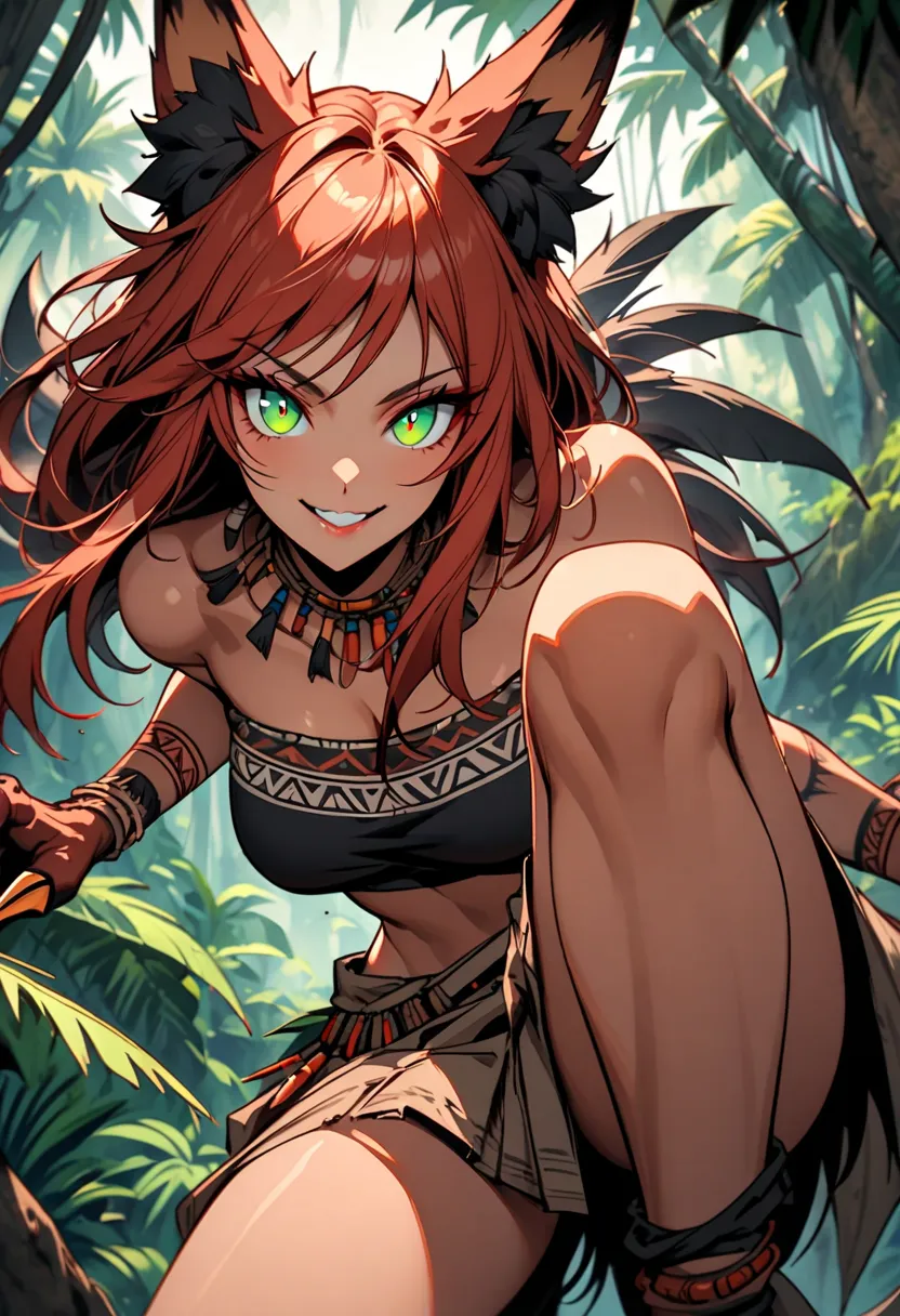 solo, female, close up, fox ears, black ears, reddish hair, green eyes, savage, furred claws, monster girl, fox girl, makeshift worn clothes, tube top, skirt, feather ornaments, looking at viewer, jungle, smile, beautiful, savage, curvy, action pose,  POV,...