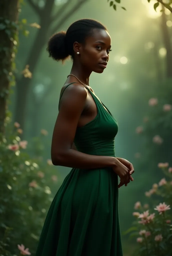 A black woman turning her back, with a green dress 