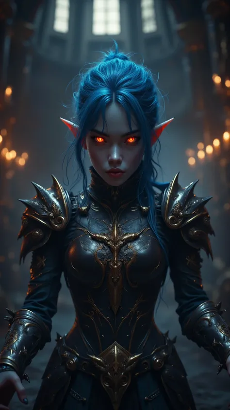 standing in a large hall in a gorgeous gothic castle、A furious and threatening Japanese girl。have blue-black skin and long blue hair、sharp elf ears。wearing a black armour with intricate gold decorations and、sharp thorns sticking out of the shoulders and ar...