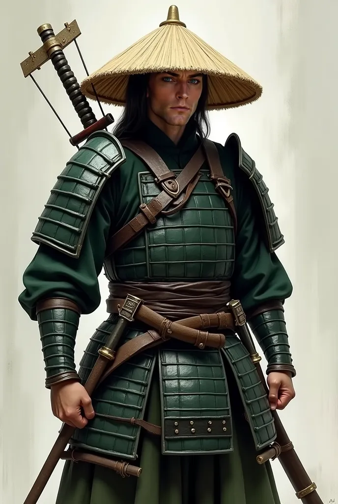 , bow on back, 2 katanas, dark green samurai armour, wide brim straw hat, short bow, upper body shot