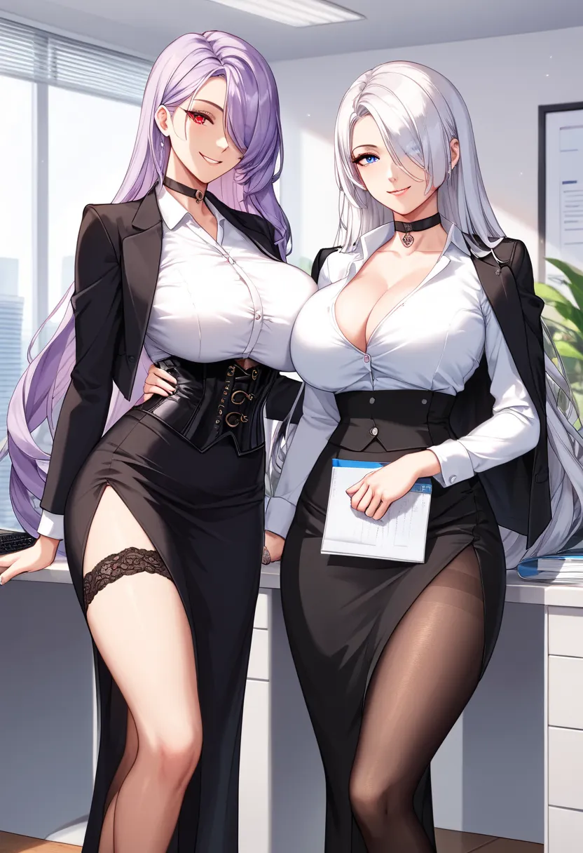 score_9, score_8, score_7, score_6,   source  _  animated, 1mature_FE, 2 Womenes de frente, (jeFE de una empresa:  smile, black dog collar, office clothing, black cloth skirt,  very long black jacket , white office shirt, Black Lace Garter Tights,  pale pu...