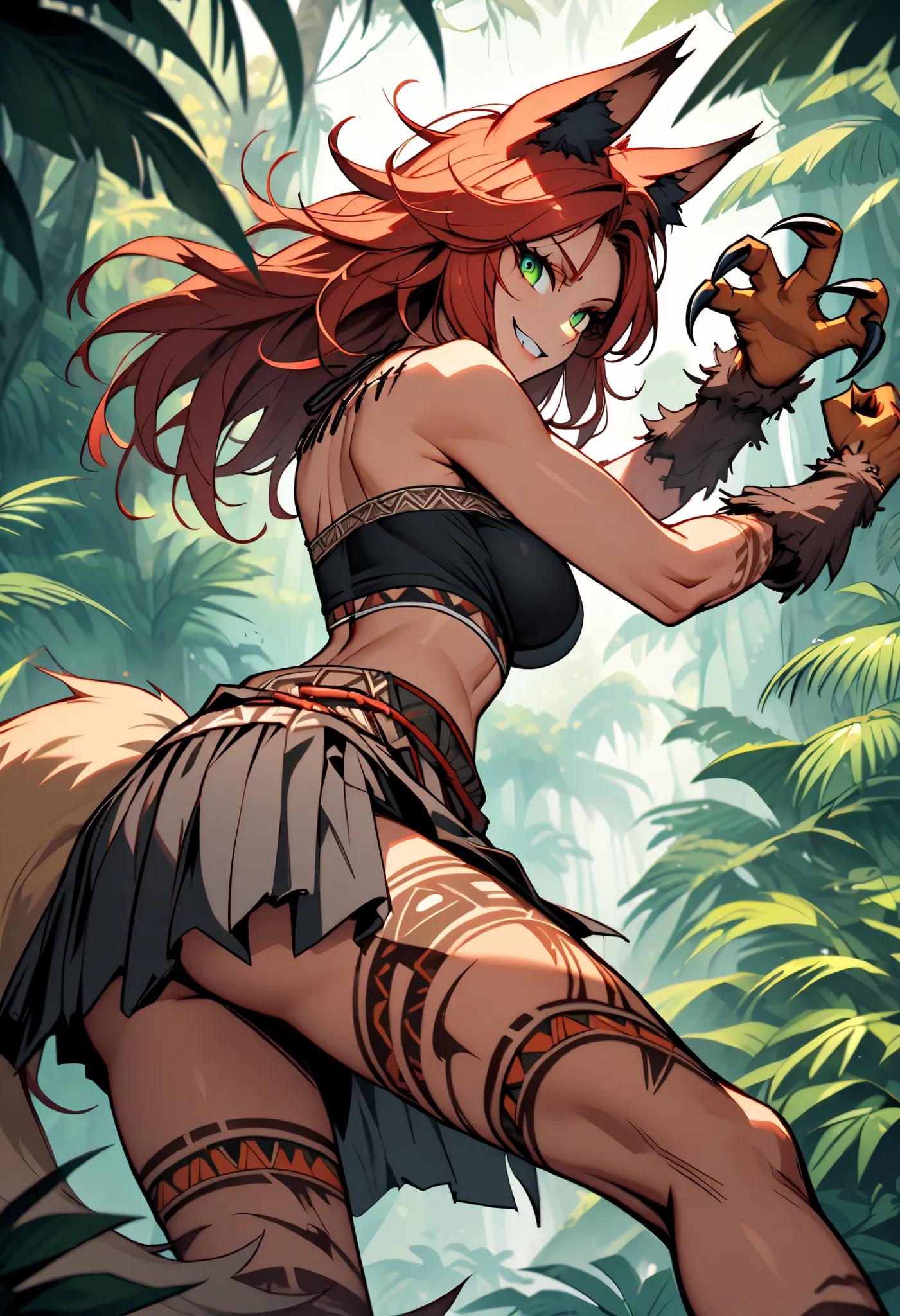 solo, female, close up, fox ears, black ears, reddish hair, green eyes, savage, furred claws, monster girl, fox girl, makeshift worn clothes, tube top, skirt, feather ornaments, looking at viewer, jungle, smile, beautiful, savage, curvy, action pose,  POV,...