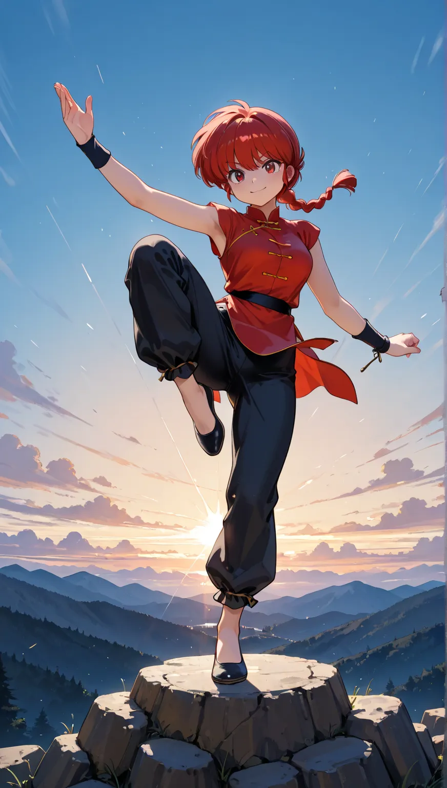 (Alone:1.3),  a girl\(ranma, anime protagonist\(ranma1/2\),beautiful, sexy,   braided ed red hair,  red eyes, 赤いChinese clothing,  smile, ranma saotome,   braided , red hair, single   braided ,   braided ed ponytail,  red eyes,  pants, Chinese clothing,  s...