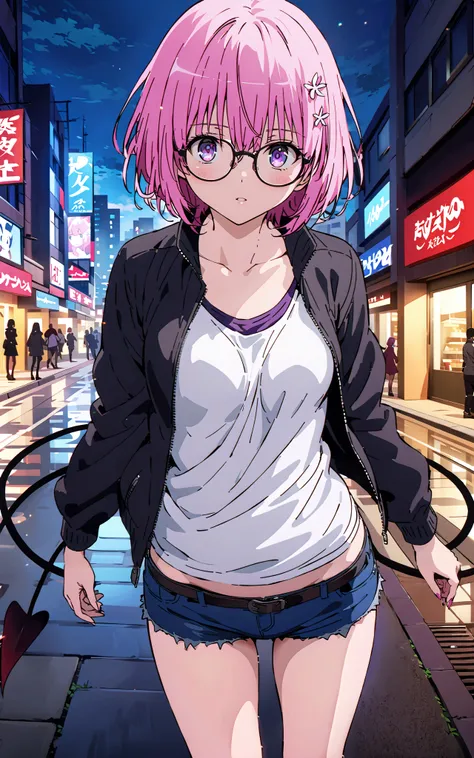 モモデbuildingケ, モモ・デbuildingーク, demon Tail,  Hair Flower, hair ornaments close to the garden, purple eyes, pink hair,  short hair, Medium breast,胸の谷間,Tail,riders jacket,tank top outside of anime,Underbomb,belly button sticking,Bare legs,denim micro shorts,gl...